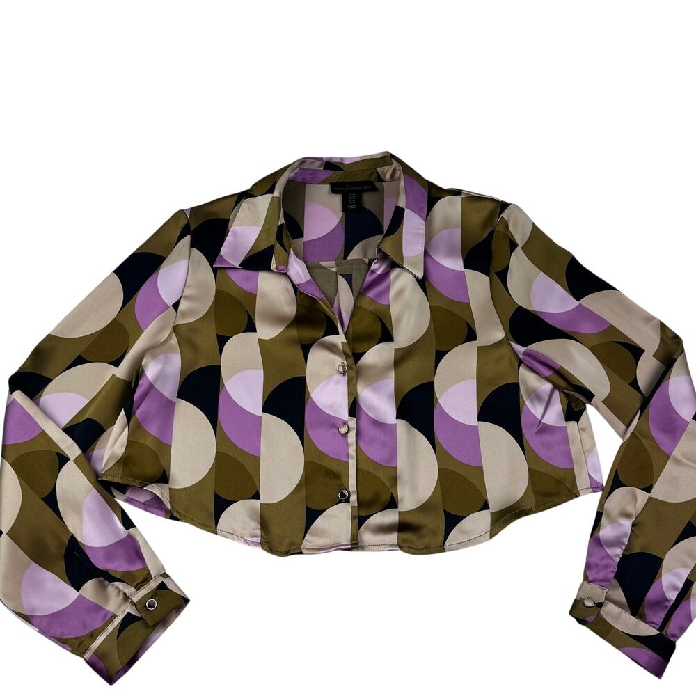 House of Harlow Cropped Geo Print Boho Artsy Button Down Blouse Women's Size M